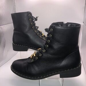 Qupid Black Faux Leather Combat Boots Gold Studded Soles Side Zip Lace Up 8.5